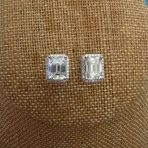 Solid Sterling Silver 4.27 Carat Emerald Cut Halo VVSD Moissanite Earrings